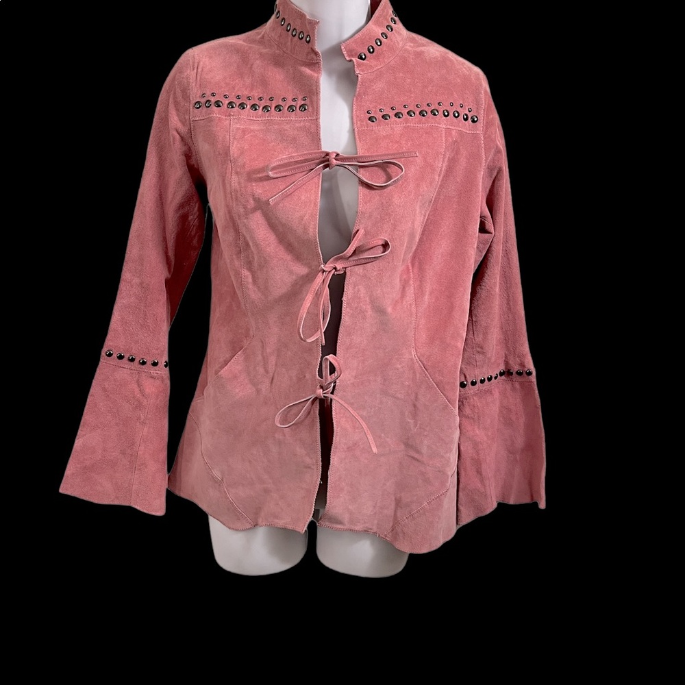 CHI by FALCHI PINK STUDDED LEATHER BLAZER WITH BELL SLEEVES AND TIE FRONT